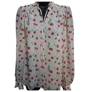 Joie Shirt S/P Novelty Cherry Blouse  Ruffle Neckline Sleeves Lightweight Top